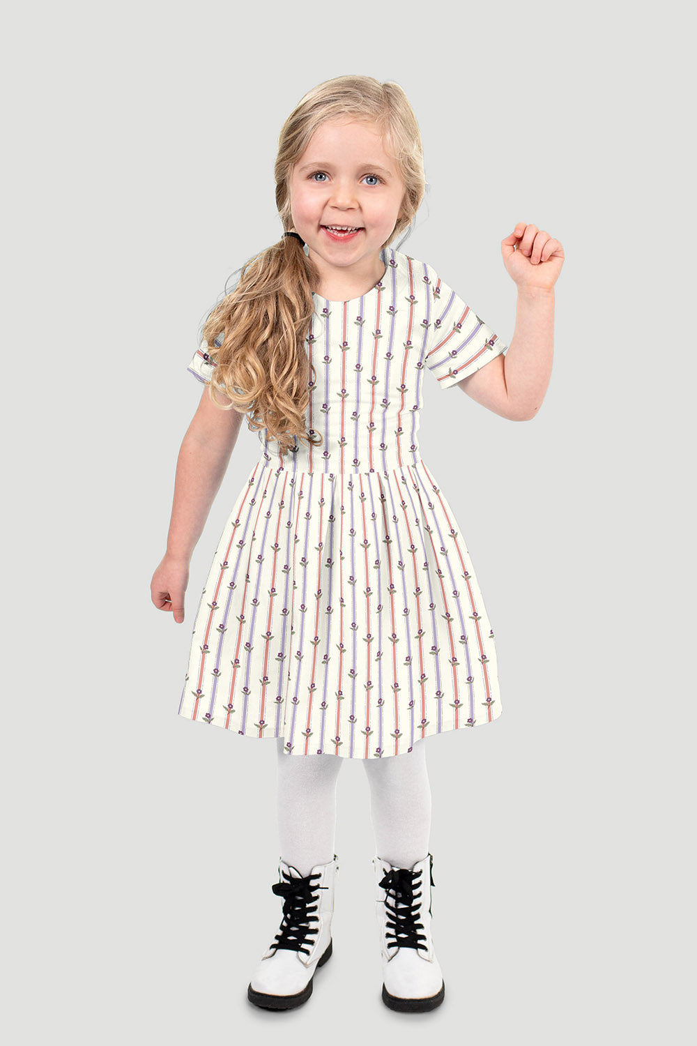 Poplin Bumbac Imprimat Dungi Flori Off White