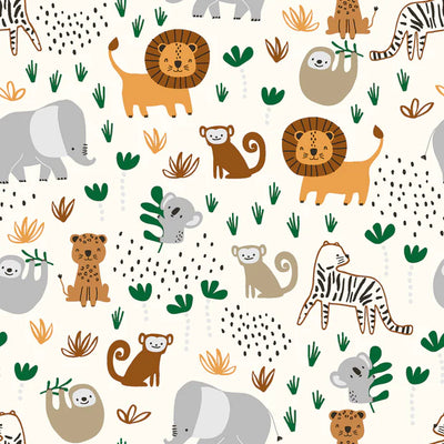 Poplin Bumbac Imprimat Animals Off White