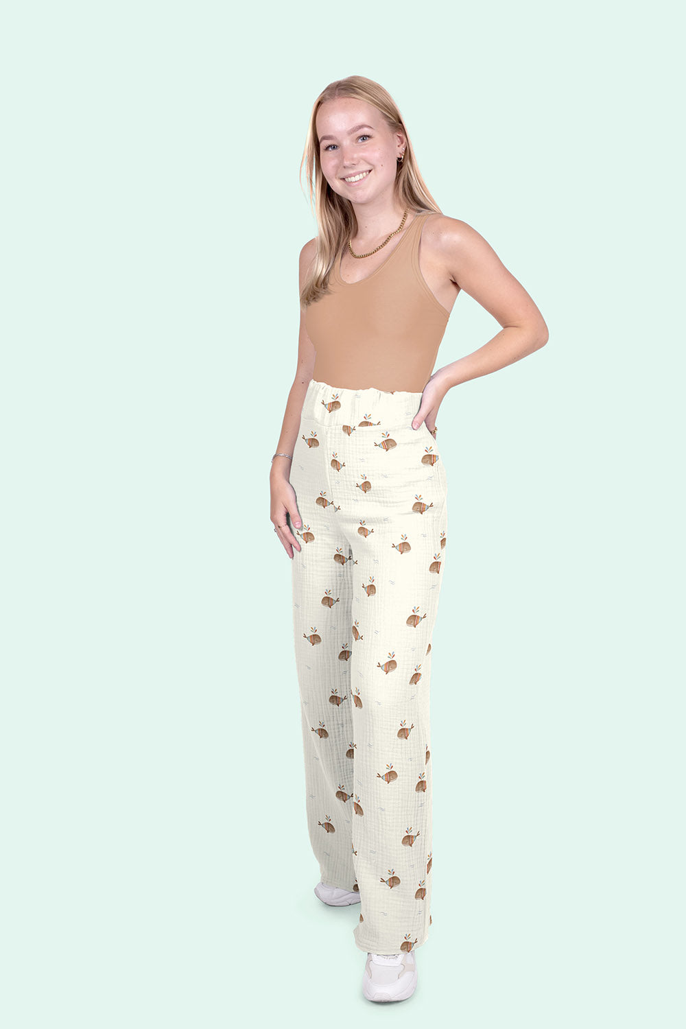 Muselina Imprimata Balene Boho Off White