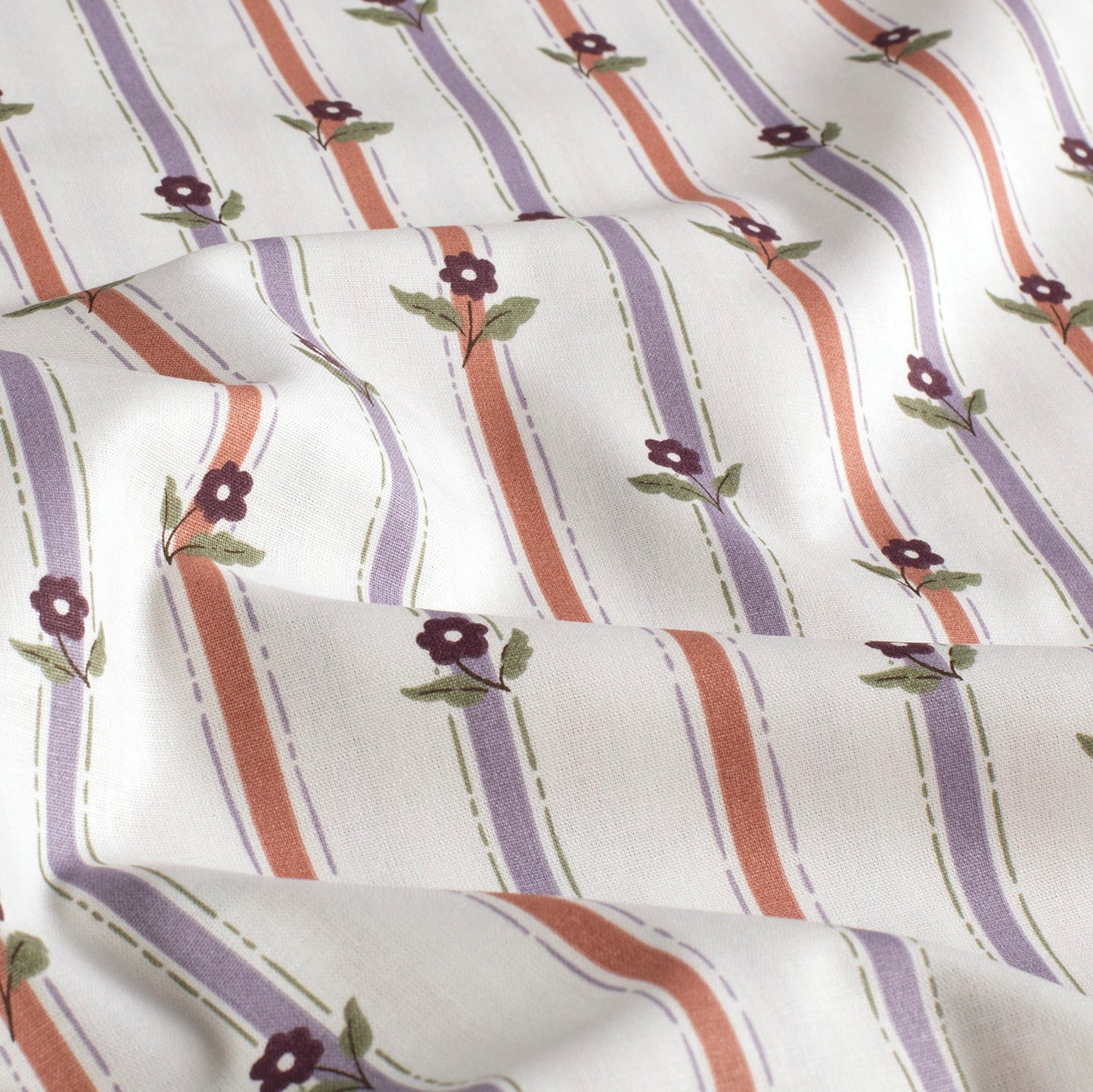 Poplin Bumbac Imprimat Dungi Flori Off White
