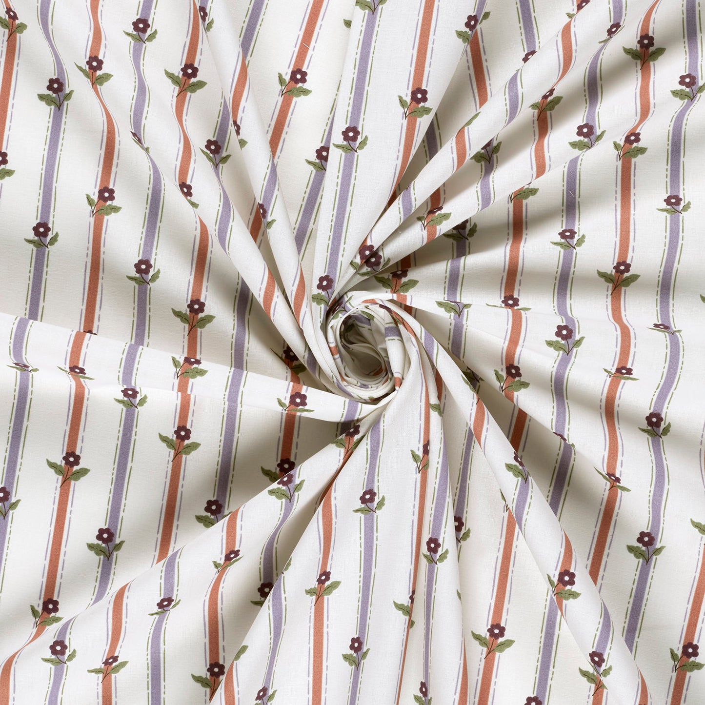 Poplin Bumbac Imprimat Dungi Flori Off White