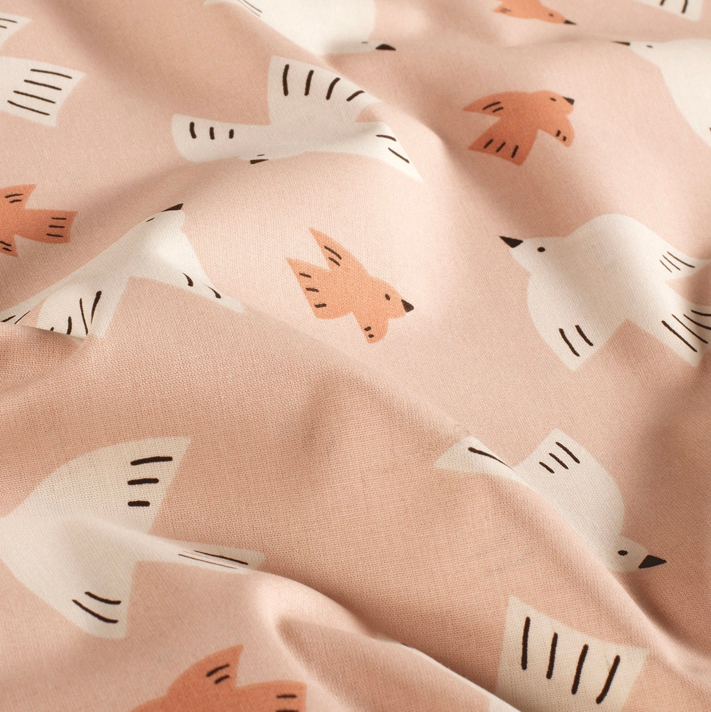 Poplin Bumbac Imprimat Pasari Roz Pudra