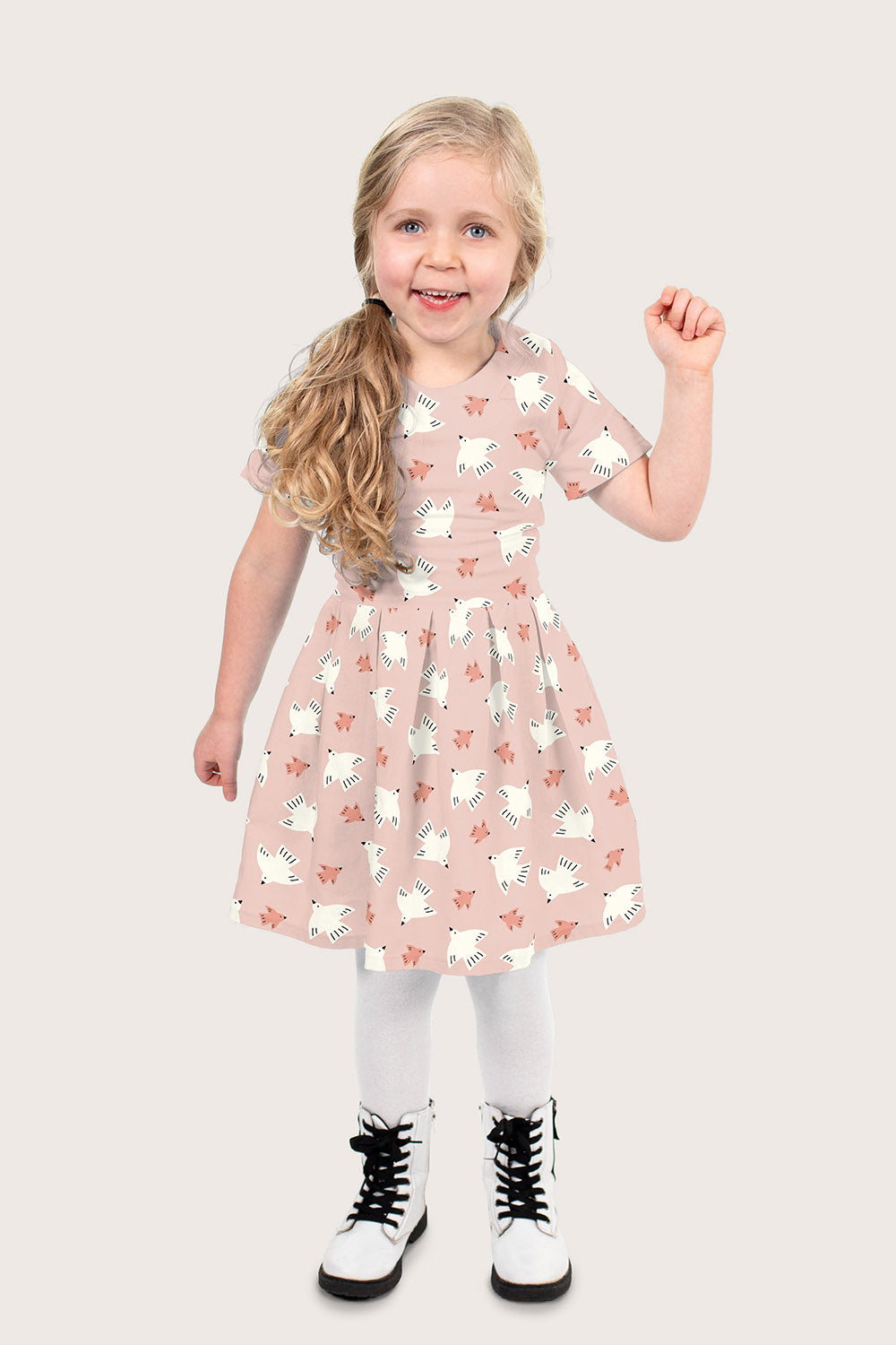Poplin Bumbac Imprimat Pasari Roz Pudra
