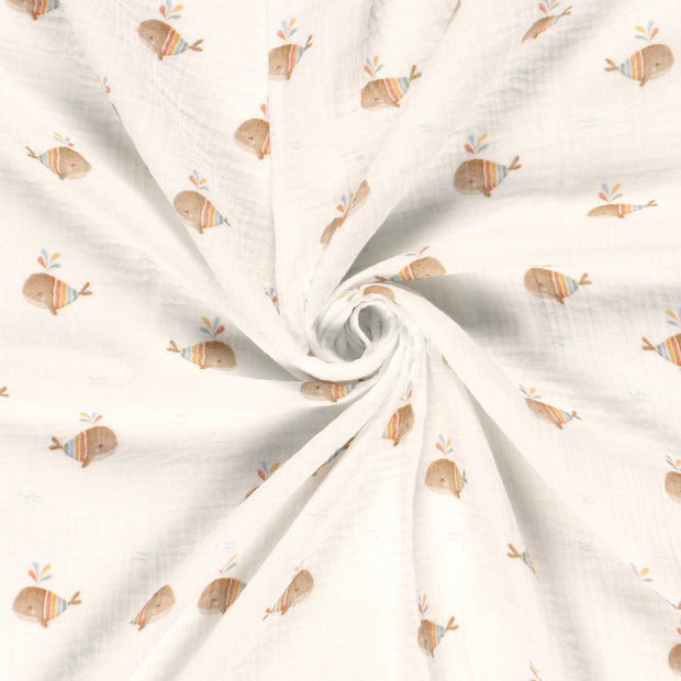 Muselina Dubla Imprimata Whales Off White