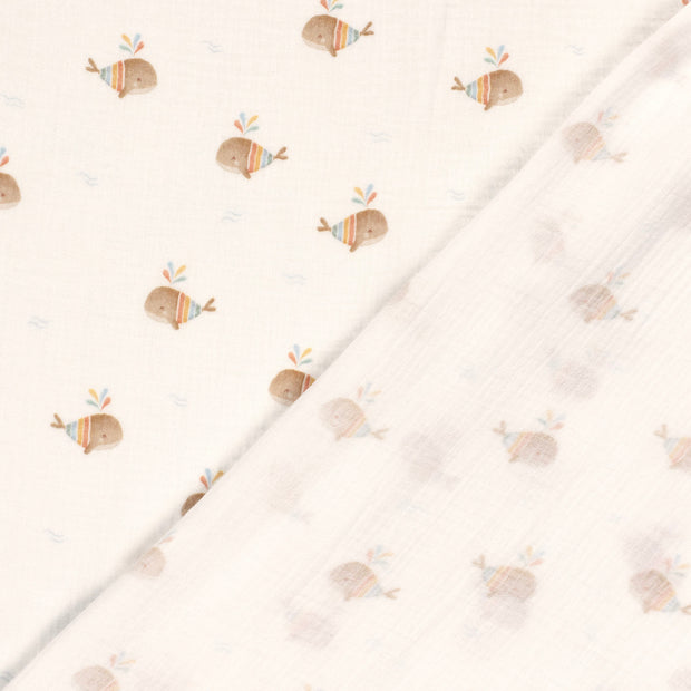 Muselina Dubla Imprimata Whales Off White