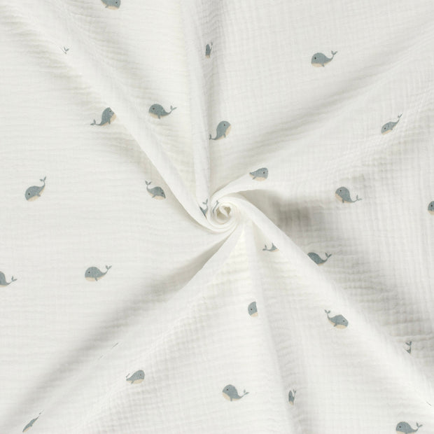 Muselina Dubla Imprimata Whales Off White