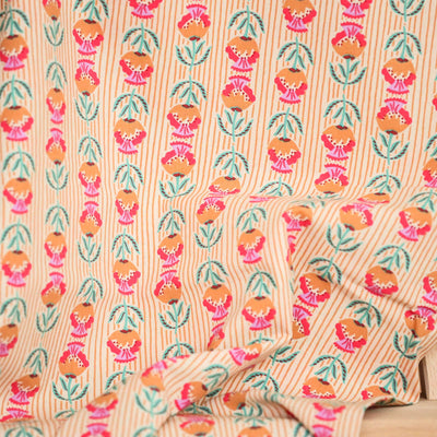 Bumbac Imprimat Flori Folk Portocaliu / Fuchsia