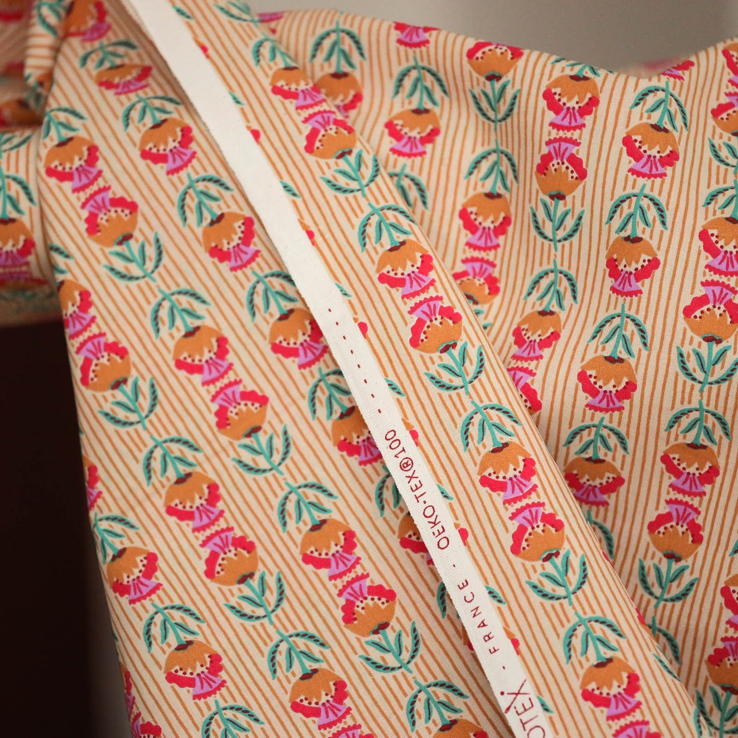 Bumbac Imprimat Flori Folk Portocaliu / Fuchsia