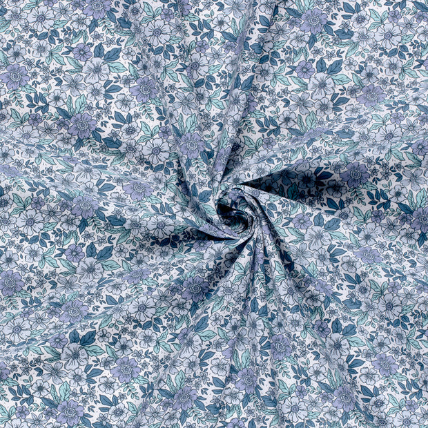 Poplin Bumbac Imprimat Flowers Cobalt