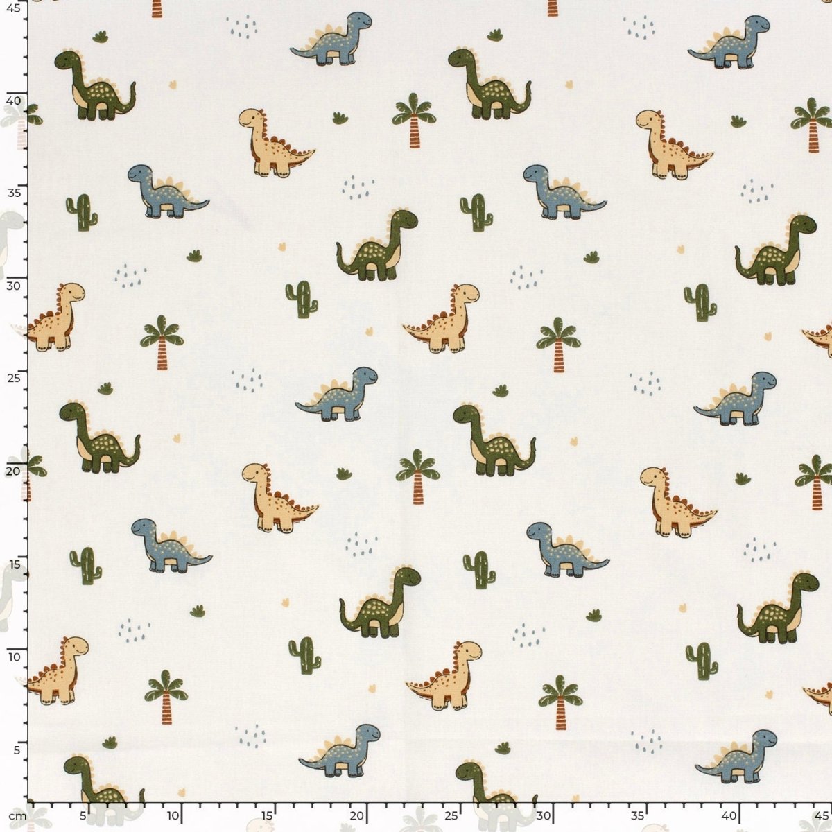 Cotton Poplin Printed Dinosaurs Off White - Lametru.ro