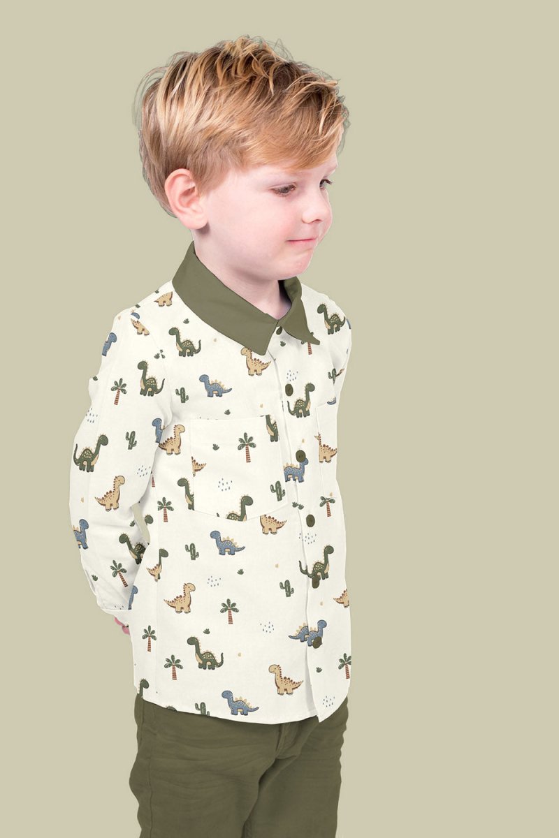 Cotton Poplin Printed Dinosaurs Off White - Lametru.ro